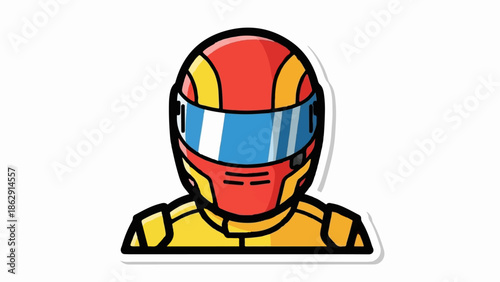 A vibrant cartoon illustration of a race car driver's head and shoulders, wearing a red and yellow helmet with a blue visor
