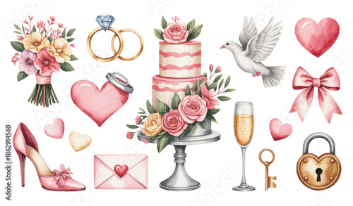 Watercolor wedding clipart collection with cake rings flowers and romantic symbols