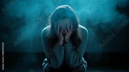 A young woman, overwhelmed with emotion, covers her face in a teal lit smoky room, conveying sadness and mental anguish. Wearing a light colored sweater in a studio shot.