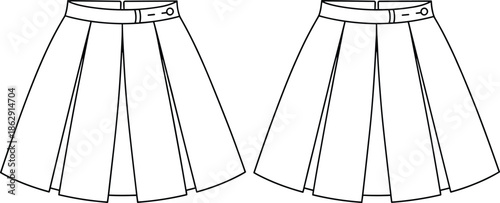 Fashion technical flat sketch of women's pleated mini skirt featuring a buttoned waistband and flared silhouette, front and back view.