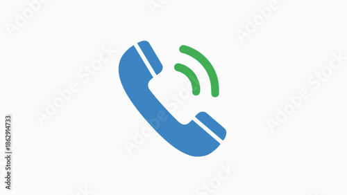 Blue telephone icon with green signal waves on white background