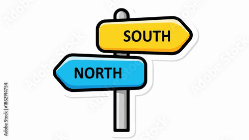 A stylized signpost displays "NORTH" on a blue arrow and "SOUTH" on a yellow arrow, pointing in opposite directions