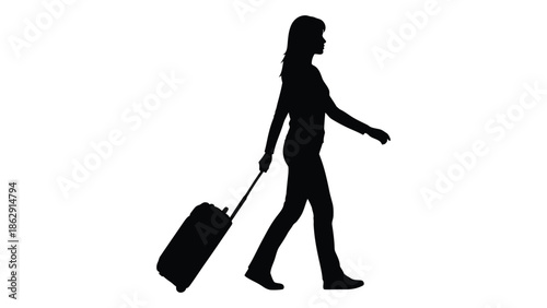 Silhouette of a woman walking with a rolling suitcase on a white background