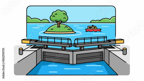 A vibrant cartoon illustration showing a canal lock system with open gates, a boat on the water, and an island with a tree