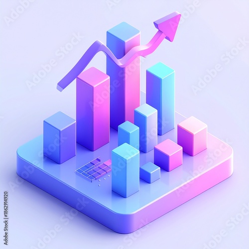 3D Business Analytics Illustration Showing Growth Charts, Bar Graphs and Upward Arrow in Modern Style