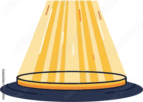 A stylized spotlight illuminates an empty circular podium from above, casting bright light downwards