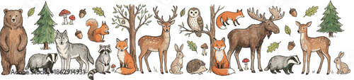 Whimsical forest animal scene with bear, fox, deer, moose, owl, and woodland elements in soft hand-drawn style for vector illustration content