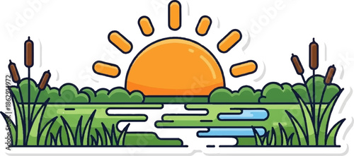 A stylized sunrise over a grassy marsh with reeds and a calm water surface