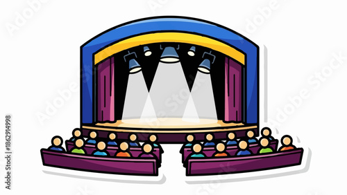 A vibrant stage with spotlights illuminates an audience seated in rows, a scene of performance