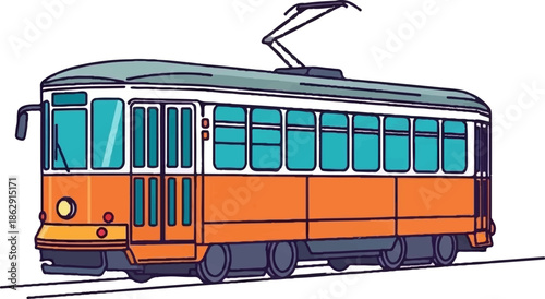 A vibrant, stylized illustration depicts a classic orange and white streetcar with blue windows, operating on tracks