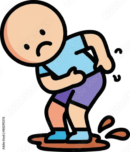 A sad, simplified person cartoon clutching their stomach, seemingly in pain, standing in a brown puddle