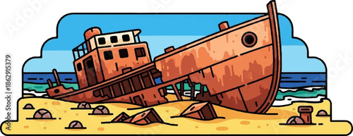 A rusty, broken ship sits beached on a sandy shore under a blue sky