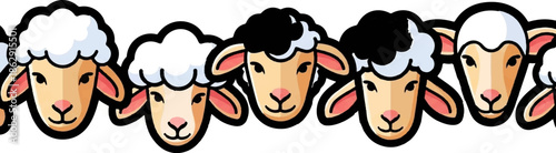 A row of charming, stylized sheep heads with fluffy wool and soft expressions, some black, some white