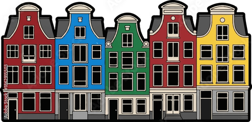 A row of brightly colored, narrow, tall, historic buildings in a stylized, cartoonish fashion