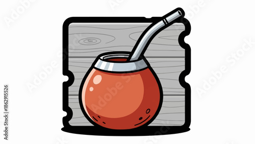 A round gourd with a metal straw sits on a wooden surface