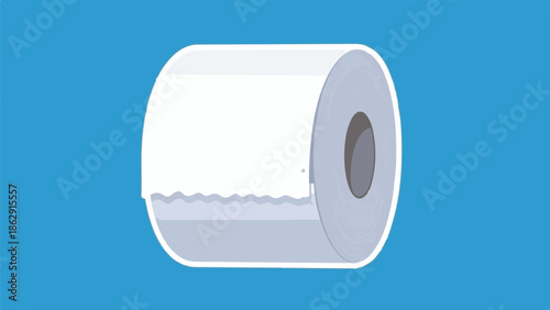 A roll of toilet paper with a perforated edge on a solid blue background