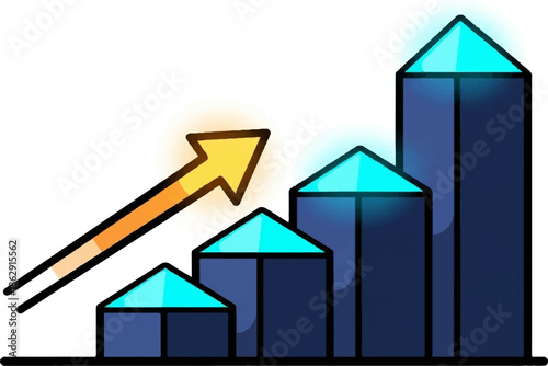 A rising arrow points to increasing bar graph growth with glowing tips
