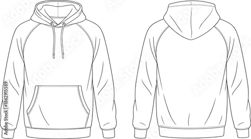 Mens raglan sleeve hoodie technical fashion sketch, hooded sweatshirt apparel flat sketch template, blank fleece pullover vector illustration for design tech pack