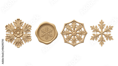 Set of 4 Golden Wooden Carved Snowflake Ornaments Isolated on White