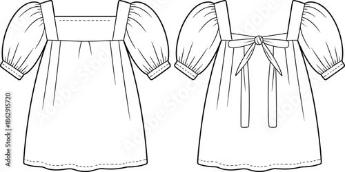 omens strapless tiered ruffle mini dress technical fashion sketch, ruched corset bodice apparel flat sketch, party dress vector illustration for design tech pack development