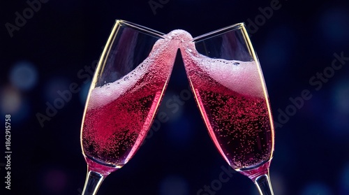 Slika na platnu A striking macro photograph captures two elegant champagne flutes clinking together, causing vibrant pink champagne to erupt in a cascade of effervescent bubbles and foam