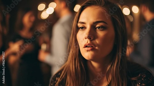 Young woman detached and preoccupied at social gathering, anxiety