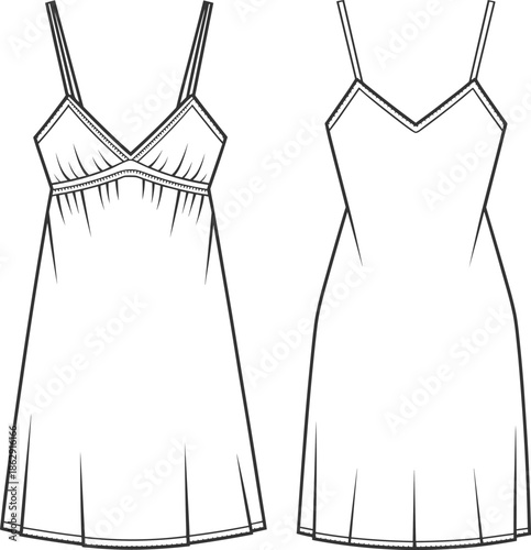 Womens pleated bust slip dress technical fashion sketch, V-neck nightgown apparel flat sketch, sleepwear chemise vector illustration for fashion design tech pack