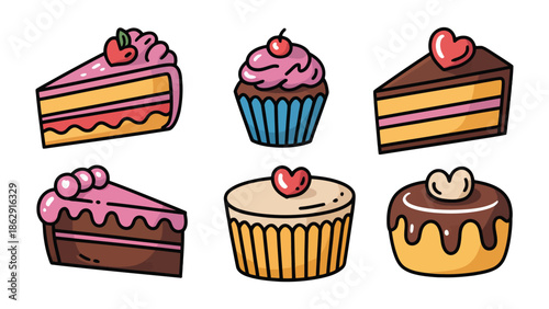 Sweet Temptations: A delightful assortment of colorful cakes, each a miniature masterpiece. Featuring slices adorned with creamy frosting, fresh cherries, and elegant hearts.