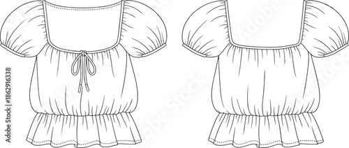 Womens square neck peplum blouse technical fashion sketch, puff sleeve drawstring top apparel flat sketch, boho summer shirt vector illustration for design tech pack