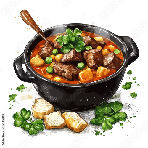 stew, ireland, st. patrick's day, festival, vector, transparent background, food, meal, vegetable, meat, dinner, vegetables, carrot, cuisine, onion, cooking, lunch, tomato, potato, hot, pot