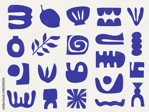 Set of indigo blue matisse inspired abstract cutout shapes including vases and leaves for boho pattern design