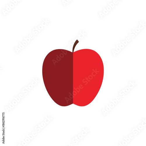 Minimalist red apple icon with split tone shading, simple flat vector fruit illustration isolated on white background.