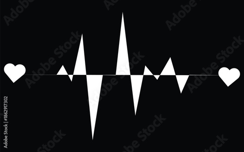 Minimal heartbeat line with heart icons on black background representing love rhythm and pulse design, White ECG heartbeat waveform with heart symbols on dark background for love and health concept