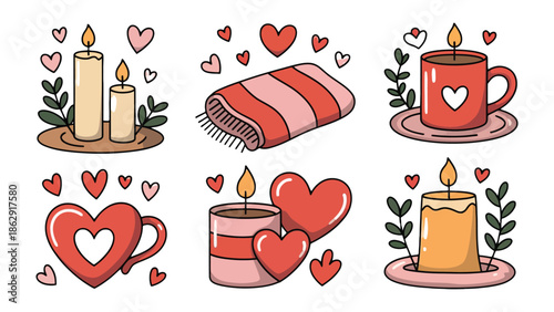 Sweet Whispers: A collection of charming heart-themed illustrations of candle, cup and cozy object, perfect for conveying warmth and love