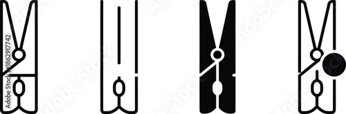 Solid and Outline Vector Icon Set Featuring Classic Wooden and Plastic Clothespins for Laundry and Fastening Utility Branding