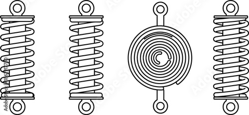 Outline Vector Icon Set Featuring Various Cylindrical Coil Springs and a Spiral Tension Spring for Mechanical Engineering