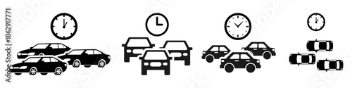 Set of traffic jam time icon vector for commute estimates. Ideal for rush hour clocks, delay warnings, late arrivals, and travel duration.