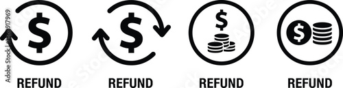 Solid Black Vector Icon Set Featuring Dollar Signs, Coins, and Circular Arrows Representing Financial Refunds and Payment Processing