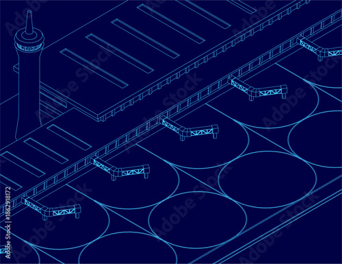 Canvas Print Airport terminal blueprint with a central control tower, surrounded by circular runways and taxiways on a deep blue background