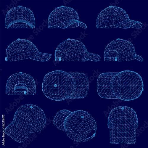 A pack of baseball caps with unique designs arranged in a grid on a blue background. The wireframe overlay highlights the cap structure against the contrasting color.