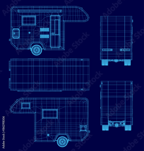 Blueprint wireframe of a camper trailer set on a solid blue background, detailing the interior layout and exterior features.