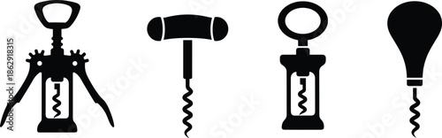 Solid Black Vector Icon Set Featuring Wing, T-Handle, and Lever Style Corkscrews for Beverage Service and Wine Openers