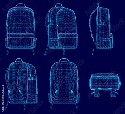 Six blue backpack wireframes arranged in a line on a dark blue background, creating a clean and modern set for design concepts.