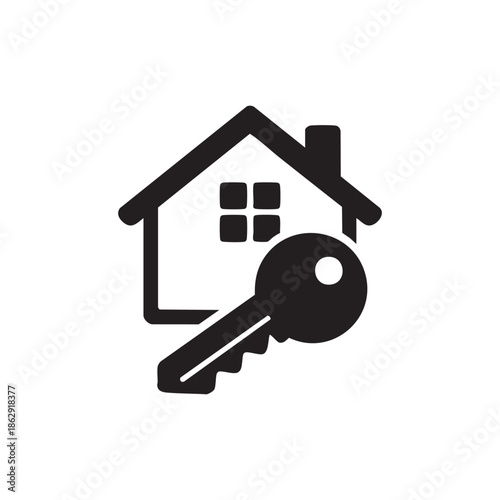 Black and white house key icon vector real estate home security and access symbol