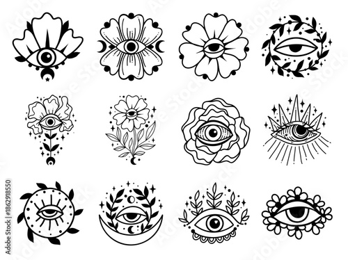 Eye boho. Lineart Vector illustration. Flower moon , Magic celestial witchcraft symbol. Masonic symbol. Hand drawn logo or emblem
