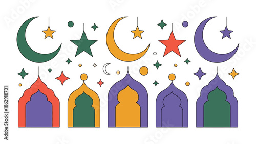 Mystical Ramadan Night: A harmonious design showcases the beauty of Ramadan, with crescent moons and stars twinkling in a serene night sky.