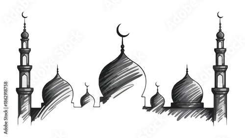 Architectural Sketch of Mosque: A detailed sketch captures the elegance of a mosque, showcasing its domes and minarets in a graceful display. The artwork radiates a sense of peace, and cultural depth.