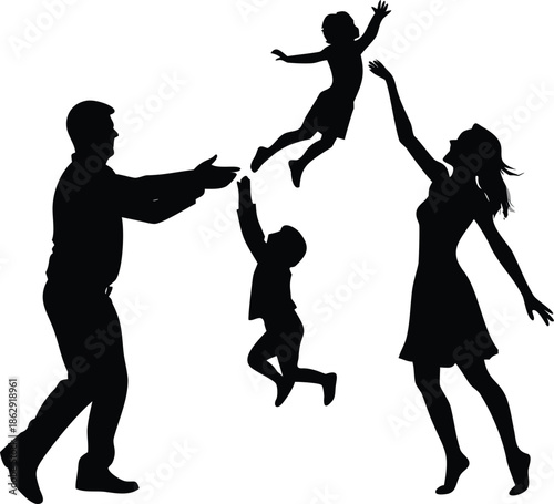 A joyful family silhouette shows parents playfully tossing children in the air