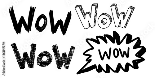 Set of doodle wow vector for surprised reactions. Ideal for comic bubbles, social media stickers, amazed text, and fun hand-drawn exclamations.