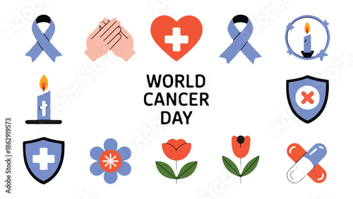 World Cancer Day: Symbolism of hope, support, and remembrance displayed with elements such as ribbons, a heart, candle light, prayer hands, and a cross shield that signifies solidarity, awareness.